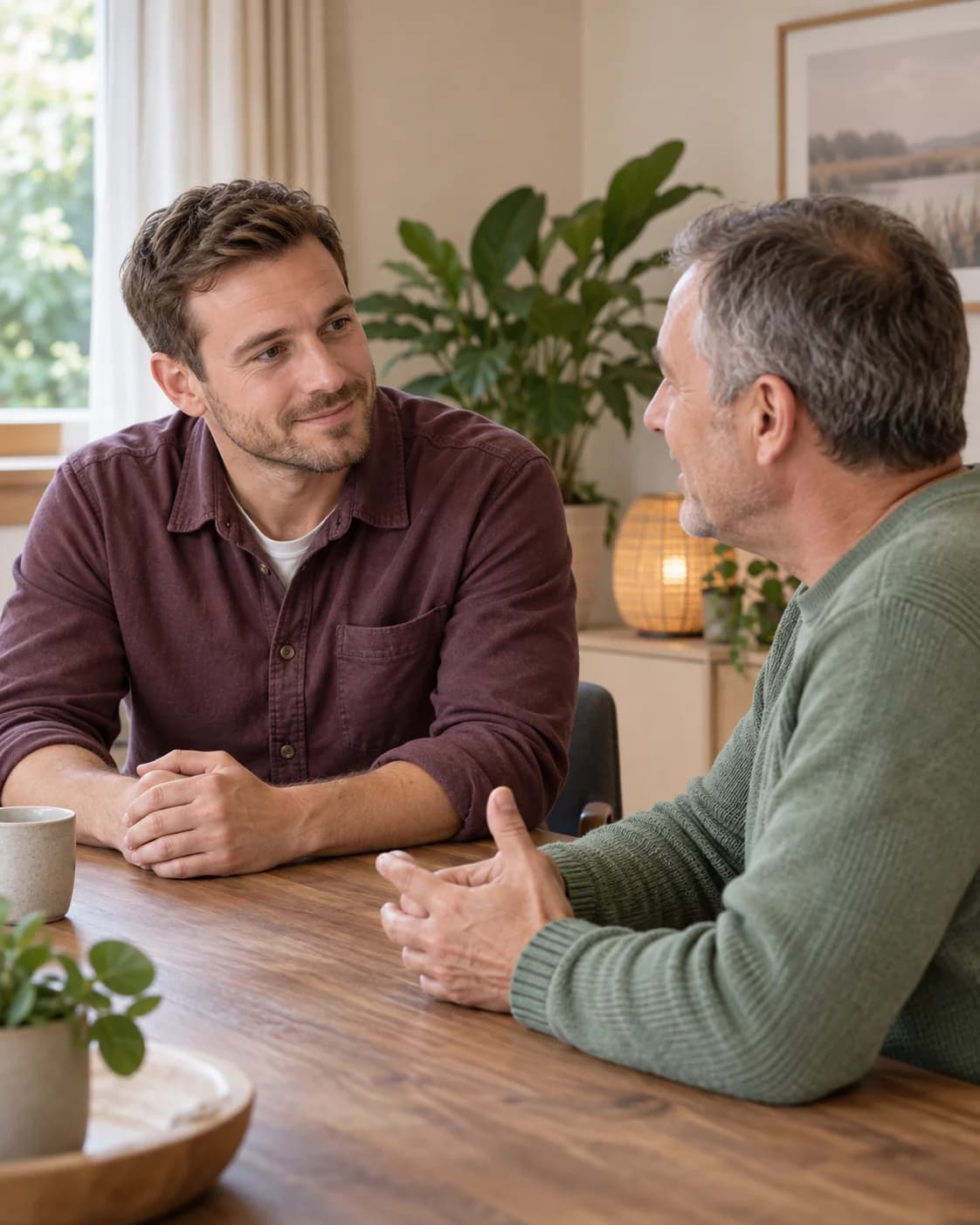 Mannelijke zorgprofessional in een rustig gesprek met een mannelijke cliënt